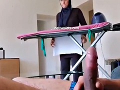Jerking off on my muslim maid ironing my shirt