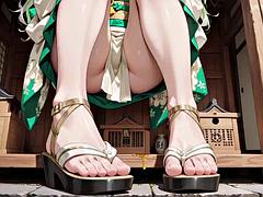 The Fair-Haired Shrine Maiden Strips Teasingly in a Crimson Hall, Shoulders Bared and Thigh