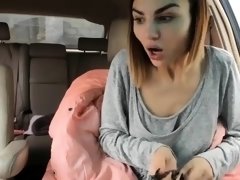 Beautiful amateur teen drives herself to orgasm in the car