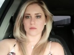 Buxom amateur blonde milf sucking off husband in the car