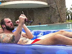 Tattooed bisex babe sucks and gets fucked in outdoor IR threesome