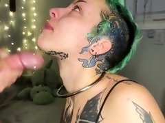 Tattooed freak deepthroats a cock and swallows hot cumload