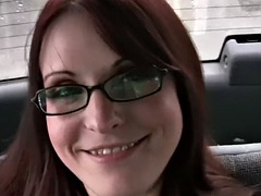Nerdy brunette masturbates her pussy with a dildo solo on the road