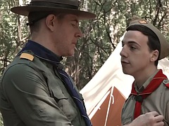 Hunk scout bareback fucks twink scout outdoors in the woods