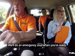 The busty English driving instructor squirts in the car