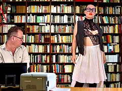 Naked library manager seduces her boss, shows her pussy, boobs and cunt. Naked bitch shows striptease in library